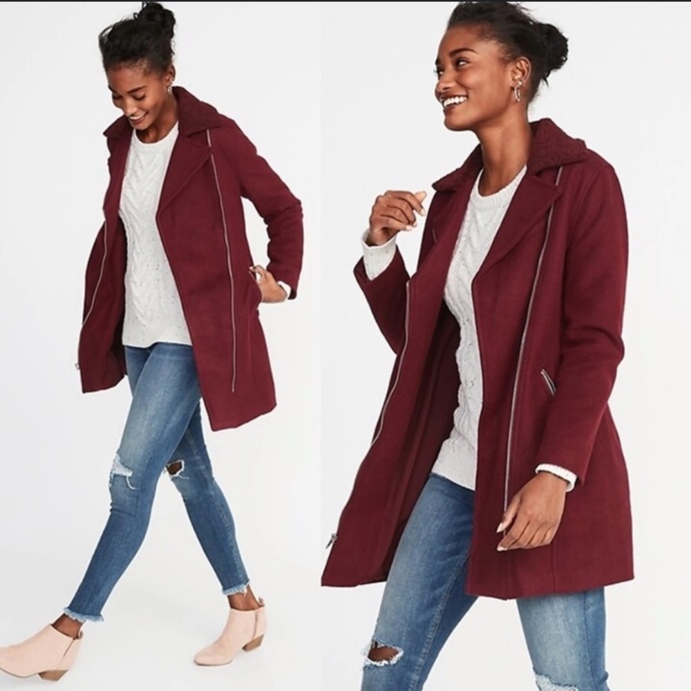 Old Navy Long Lined Brushed Fleece Burgundy Sherpa Collar Moto Jacket